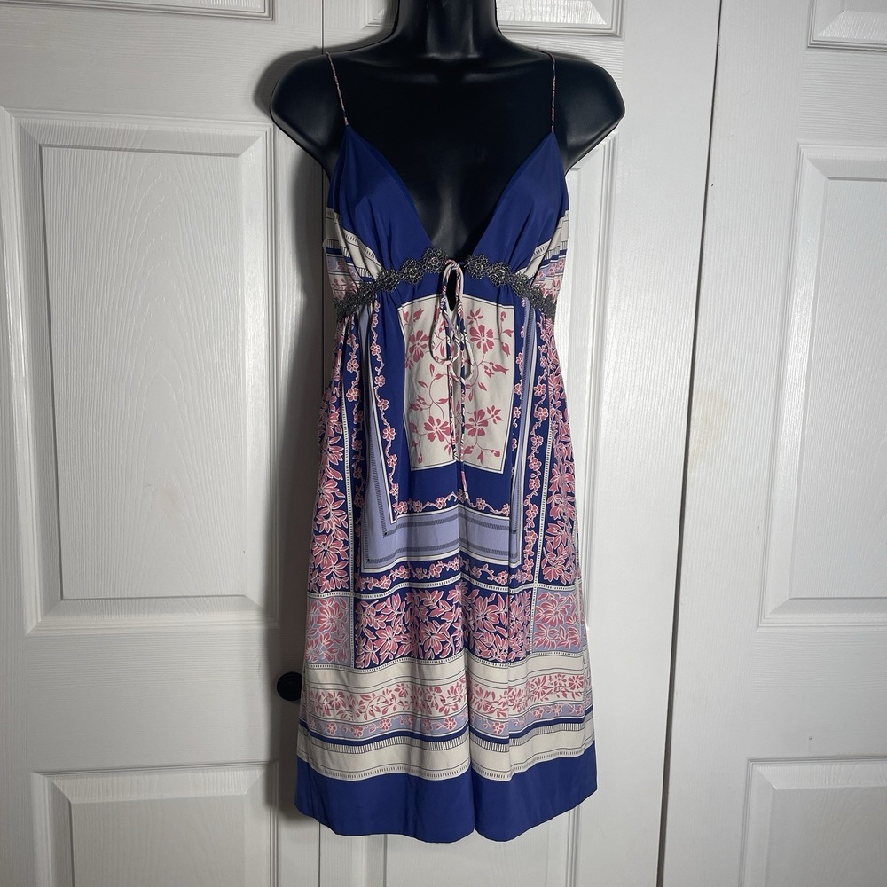 Vintage Y2K Nicole Miller Studio Silk Blend Dress Women 2 Blue Pink Floral Boho